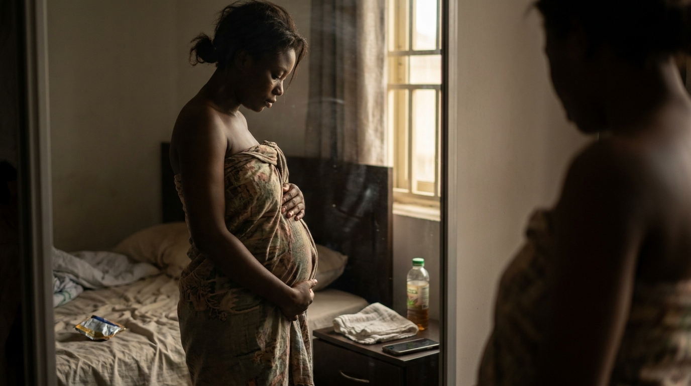 New mother standing in front of a mirror, quietly looking at her postpartum belly